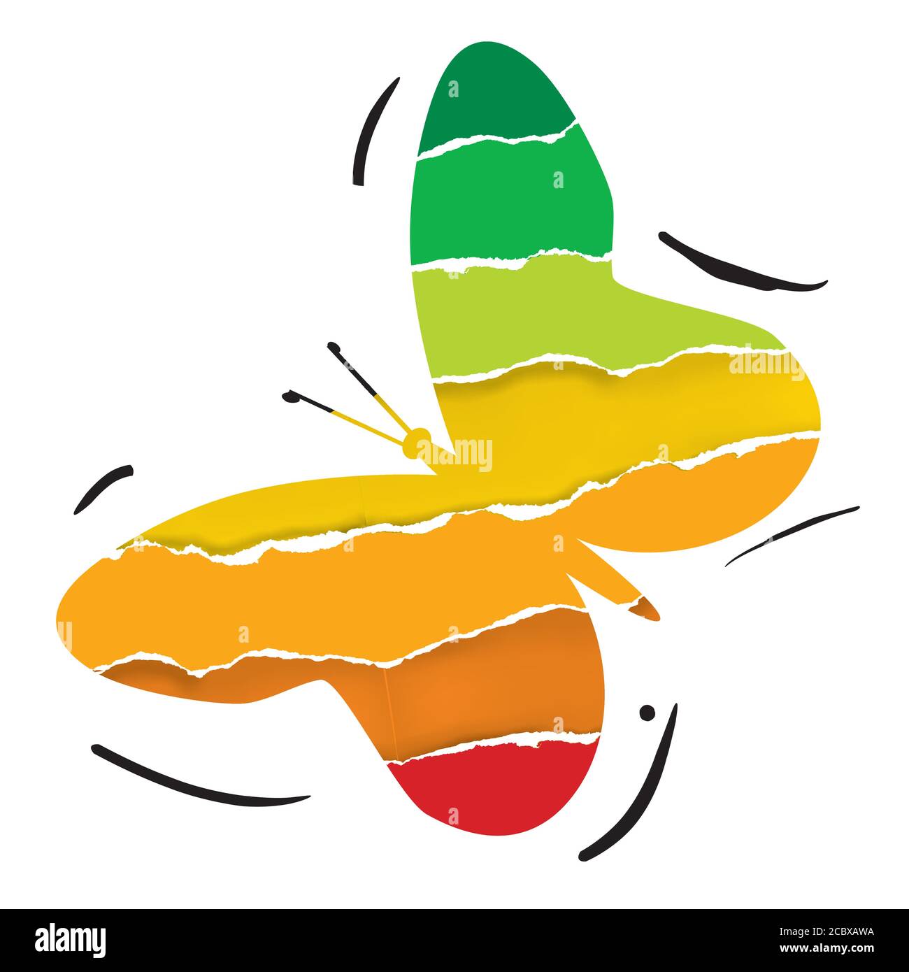Farfalla volante con colori di isolamento termico. Silhouette a farfalla con strisce colorate di carta strappata. Vettore disponibile. Strisce. Vettore disponibile. Illustrazione Vettoriale