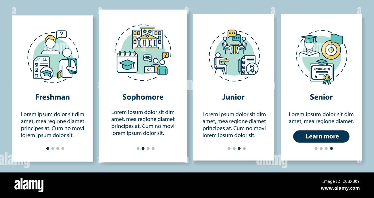 Anno di lezione sulla schermata della pagina dell'app mobile con i concetti. Istruzioni grafiche a 4 passi per l'istruzione universitaria. IU vector della scuola superiore te Illustrazione Vettoriale