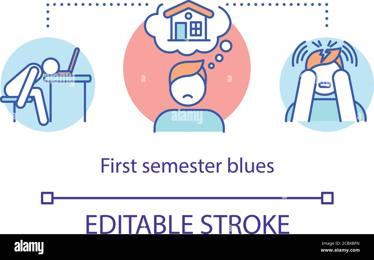 Prima icona di concetto blues semestrale. Ansia degli studenti. Depressione e solitudine all'università. Illustrazione sottile dell'idea di vita dell'università. Vettore isolato Illustrazione Vettoriale