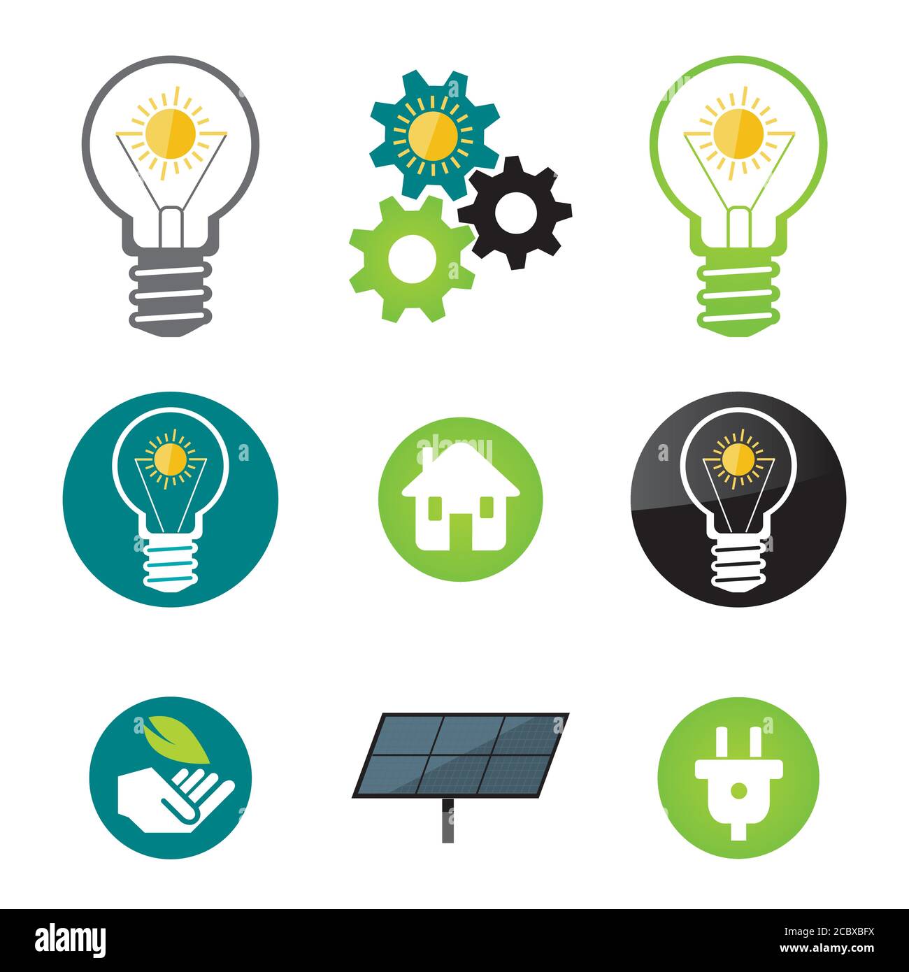 Energia verde, icone di energia solare. Set di icone di energia solare ed ecologia.vettore disponibile. Illustrazione Vettoriale