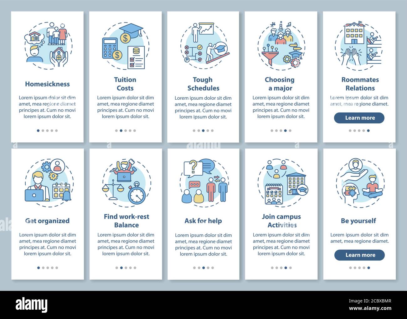 Schermata della pagina dell'app mobile per l'onboarding di College LIFE con set di concetti. Istruzioni grafiche a 5 fasi per lo stile di vita degli studenti. Utente vecto vivente di freshman Illustrazione Vettoriale