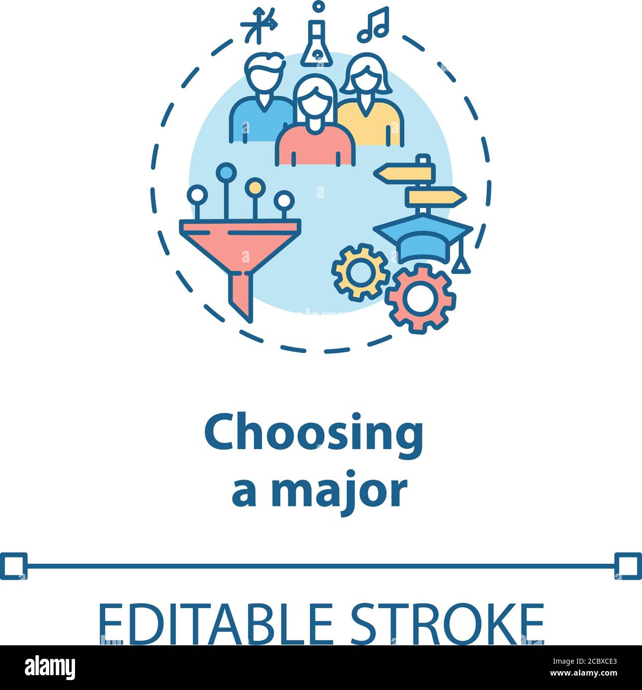 Scelta dell'icona concetto principale. Disciplina per l'anno di studio. Specializzazione di apprendimento degli studenti. Illustrazione sottile dell'idea di vita dell'università. Outl. Isolato vettore Illustrazione Vettoriale