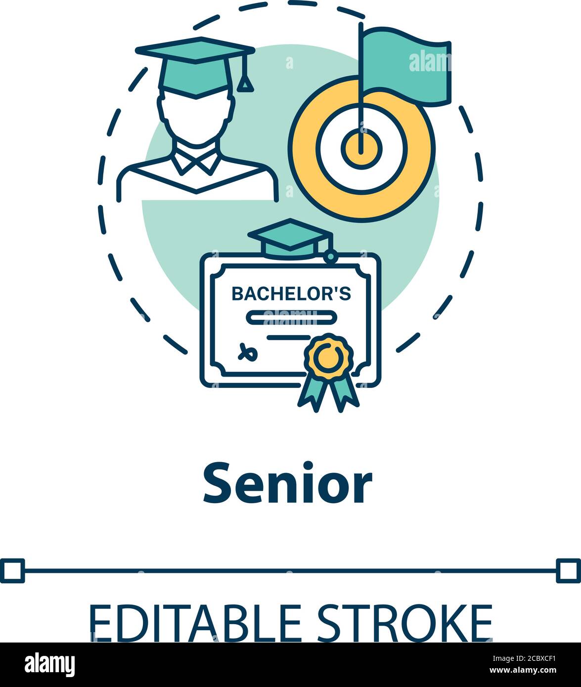 Icona concetto senior. Studente per l'anno di lezione finale. Periodo di studio universitario. Istruzione superiore. Illustrazione sottile dell'idea di vita dell'università. Isola vettoriale Illustrazione Vettoriale