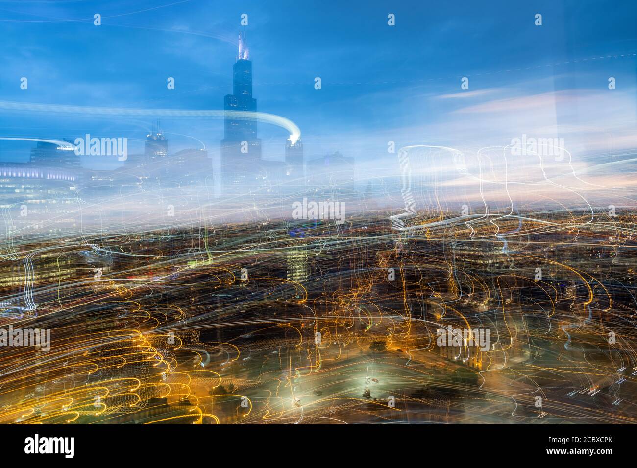 Chicago Skyline con sfocatura del movimento Foto Stock