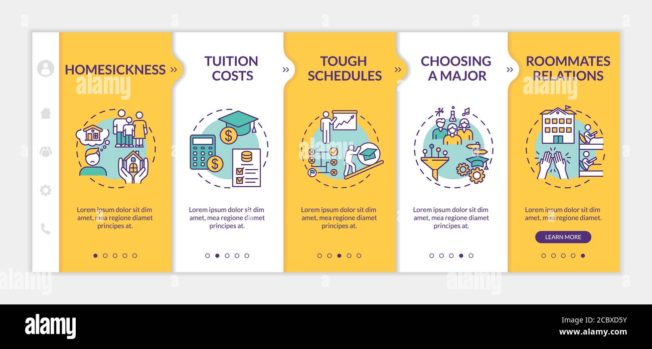 Difficoltà dello studente durante l'acquisizione del modello vettoriale. La sfida dello studio della scuola superiore. Problemi di vita dell'università. Sito Web mobile reattivo con icone. Pagina web wa Illustrazione Vettoriale