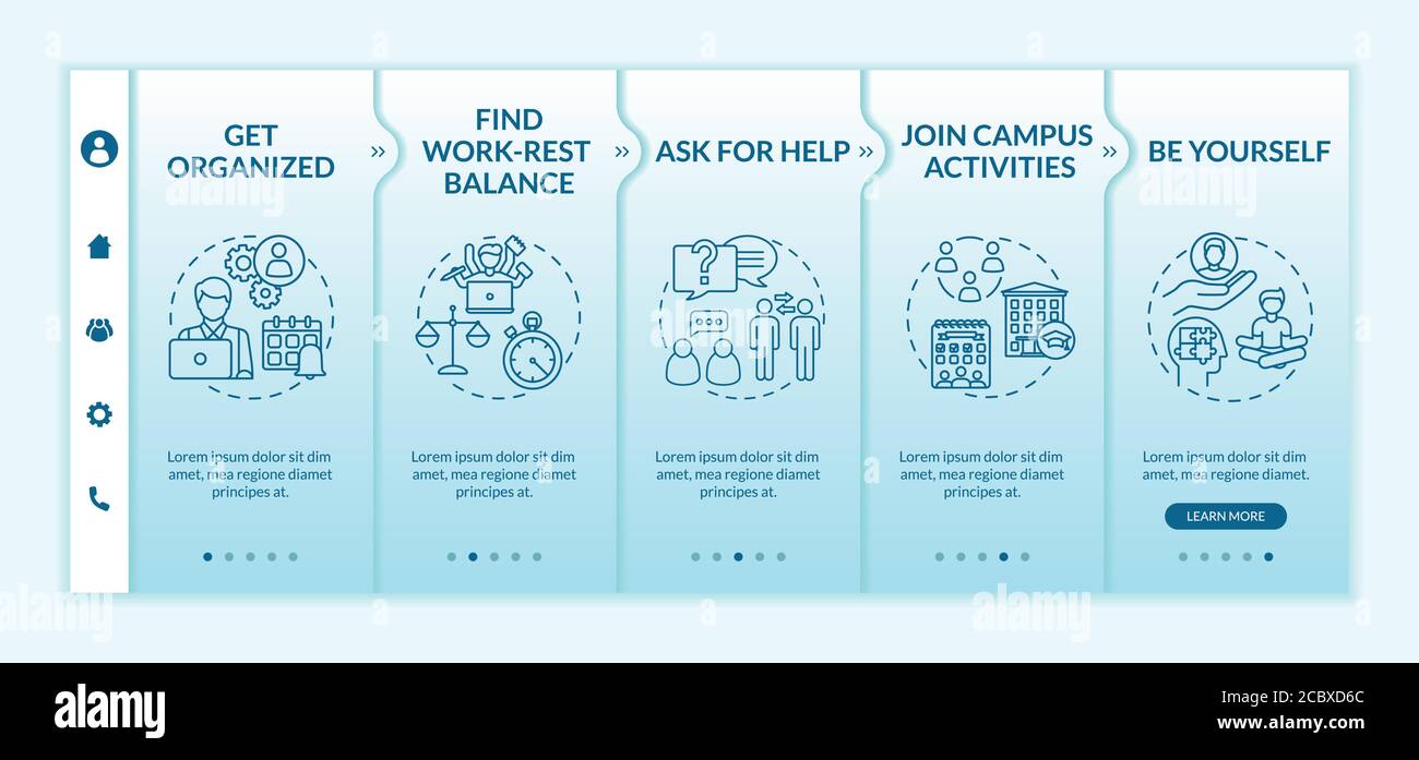 Modello vettoriale di onboarding della vita degli studenti. Trovare l'equilibrio di riposo del lavoro. Chiedi aiuto. Partecipa all'attività del campus. Sito Web mobile reattivo con icone. Pagina Web wal Illustrazione Vettoriale