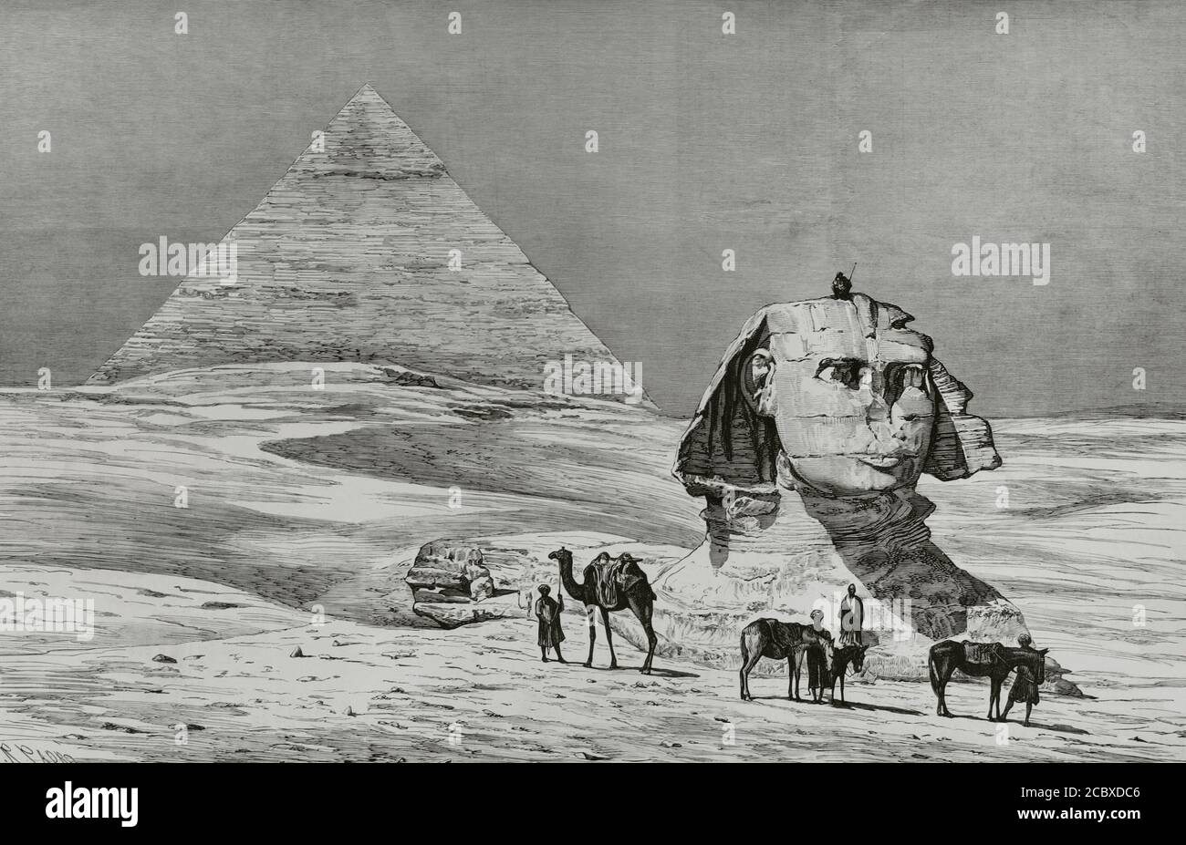 Egitto, Giza. Vista della Sfinge e della piramide di Khafre, prima degli scavi effettuati sotto la direzione di Auguste Mariette (1821-1881). Incisione. La Ilustracion Española y americana, 1881. Foto Stock
