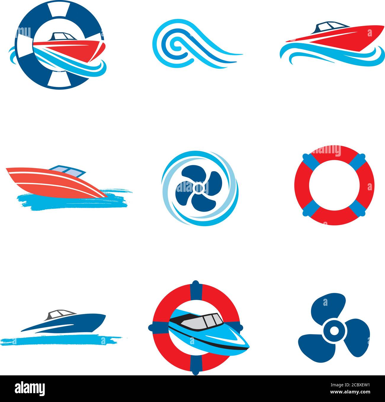 Set di icone per imbarcazioni a motore. Set di icone colorate con barche a motore e eliche. Vettore disponibile. Illustrazione Vettoriale