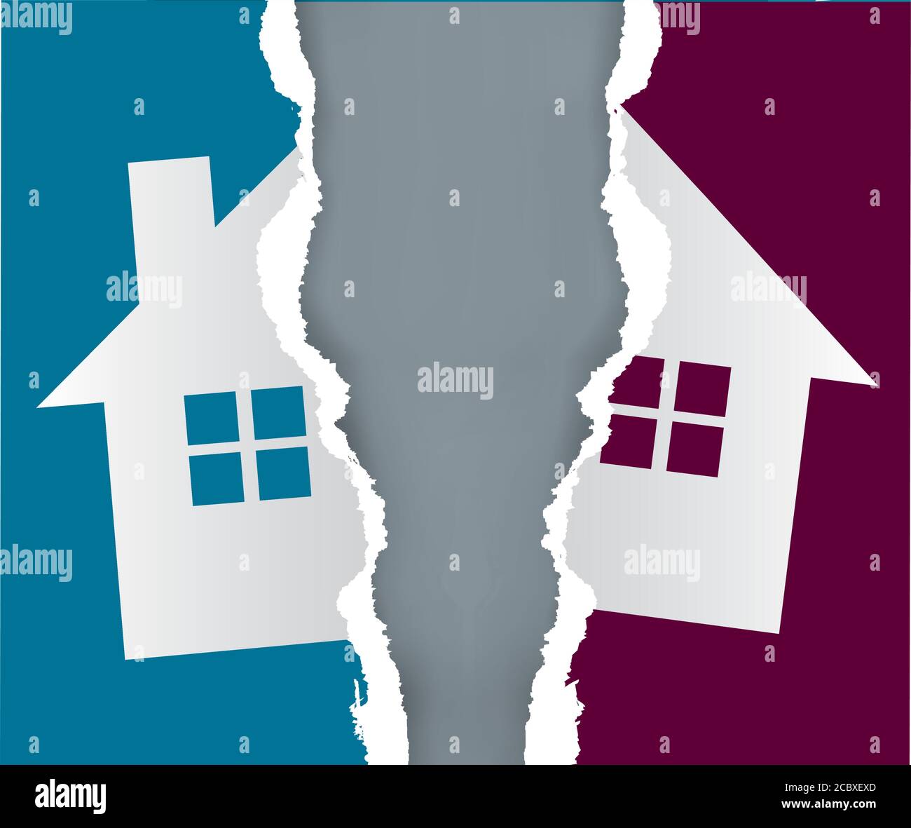 Suddivisione del concetto di carta immobile. Carta strappata con il simbolo della casa simboleggiando la divisione di proprietà. Vettore disponibile. Illustrazione Vettoriale