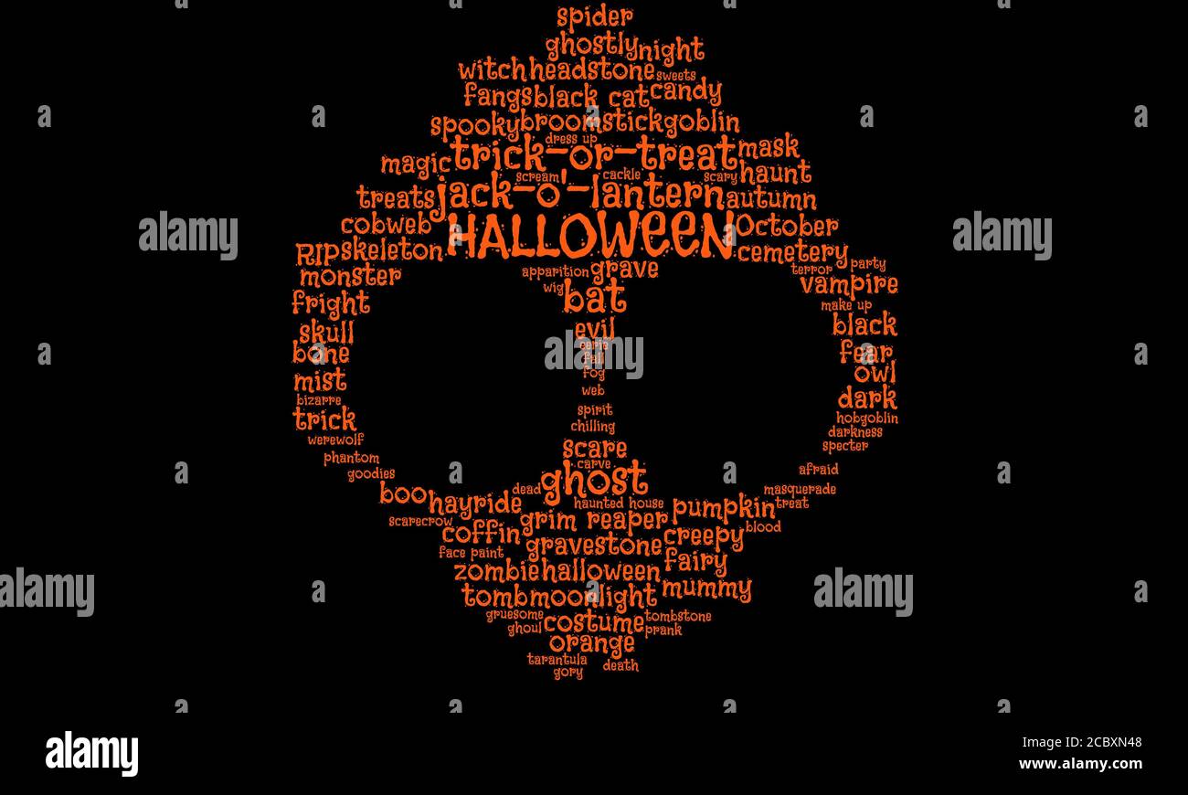 La nuvola di parola di Halloween in arancione testo su sfondo nero forma un ghoul, spok, alieno con grandi occhi fissi, concetto per paura, ottobre 31, costumi Foto Stock