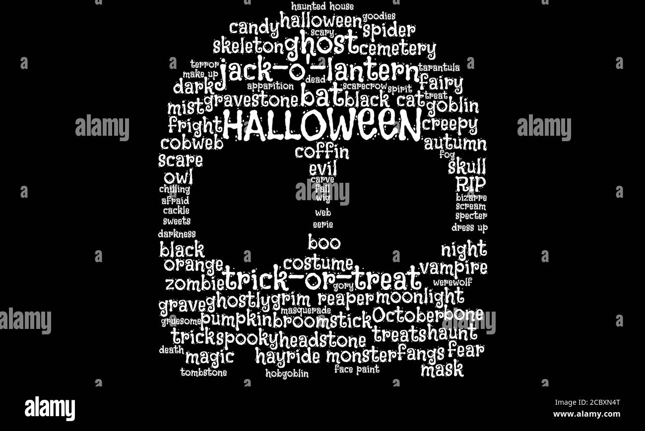 Nuvola di testo, nuvola di tag a forma di goblin, concetto per Halloween, trucco o trattare, tradizioni, costumi e costumi per bambini Foto Stock