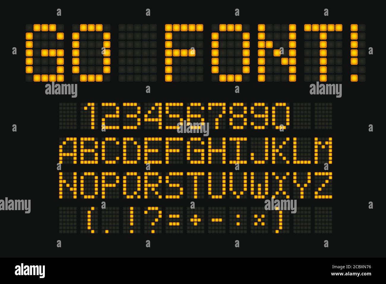 Carattere digitale per tabellone a LED, tabellone, orologio. Typeset giallo  per display elettronico. Raccolta di lettere, insegne e numeri in  cartellone nero Immagine e Vettoriale - Alamy