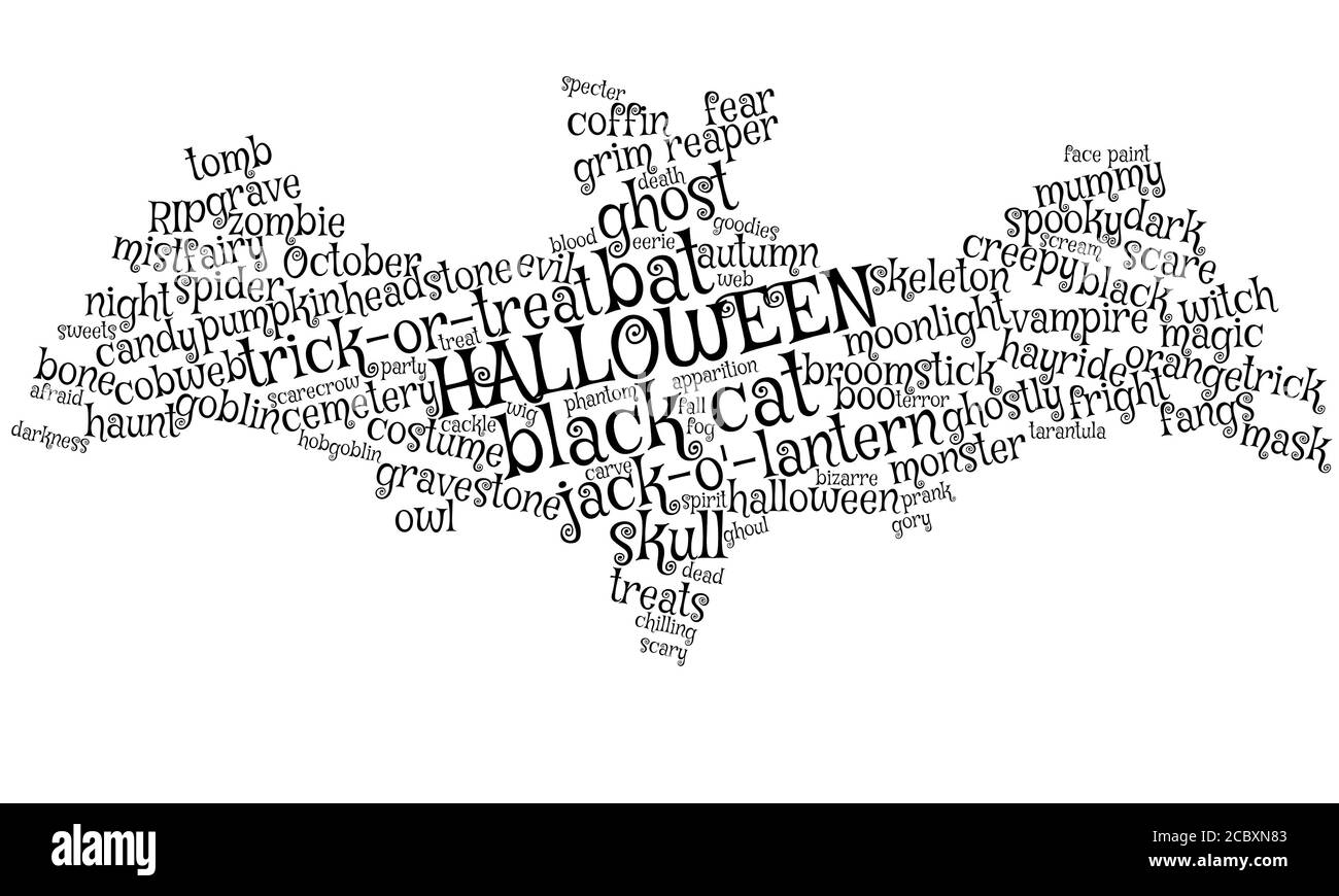 La nuvola di parola di Halloween forma la forma di un pipistrello nero con le ali sparse, concetto per ottobre 31, spaventose tradizioni e costumi, trucco o trattare, vampiri Foto Stock