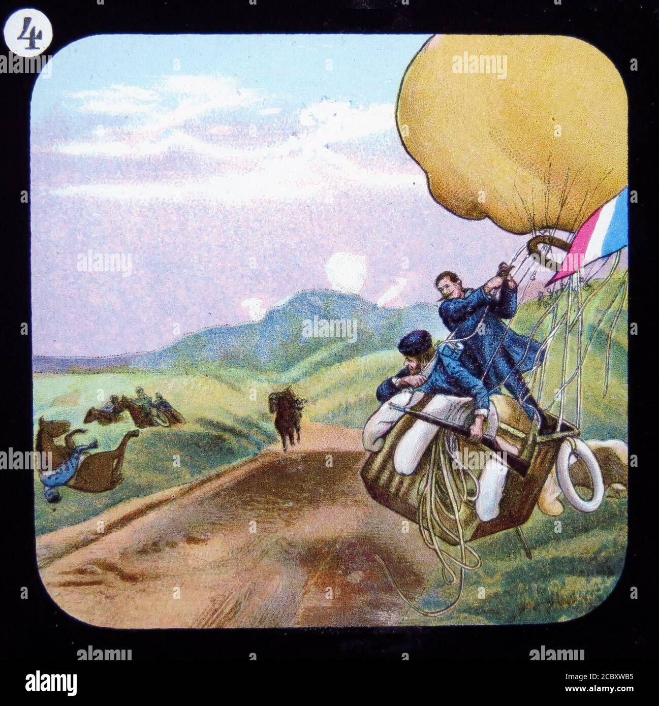 Una magica lanterna slide dal titolo "il posto di mongolfiera di Parigi" raffigurante una mongolfiera che trasporta la posta durante l'assedio di Parigi, Francia, 1870-1871. Dalla serie "The Conquest of the Air" pubblicata da W. Butcher & Sons, Londra intorno al 1910. Foto Stock