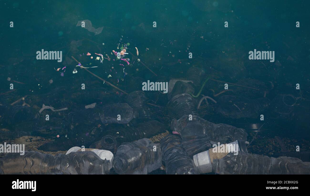 Inquinamento di plastica in acque oceaniche, bottiglie e sacchetti sul fondo del mare, micro inquinamento in plastica Foto Stock