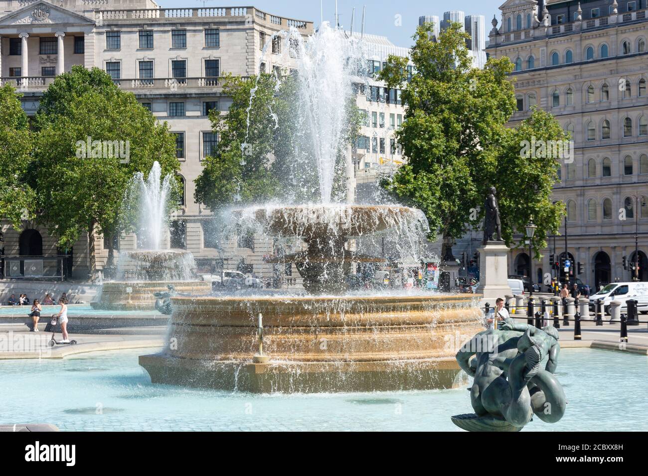 Fontane in Trafalgar Square, City of Westminster, Greater London, England, Regno Unito Foto Stock