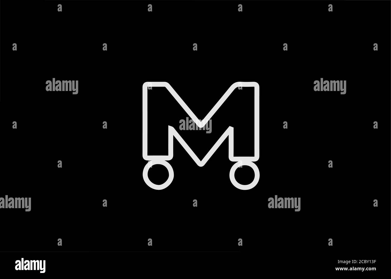 Icona con il logo della lettera dell'alfabeto M con una linea. Colore bianco nero per il design aziendale e aziendale Illustrazione Vettoriale