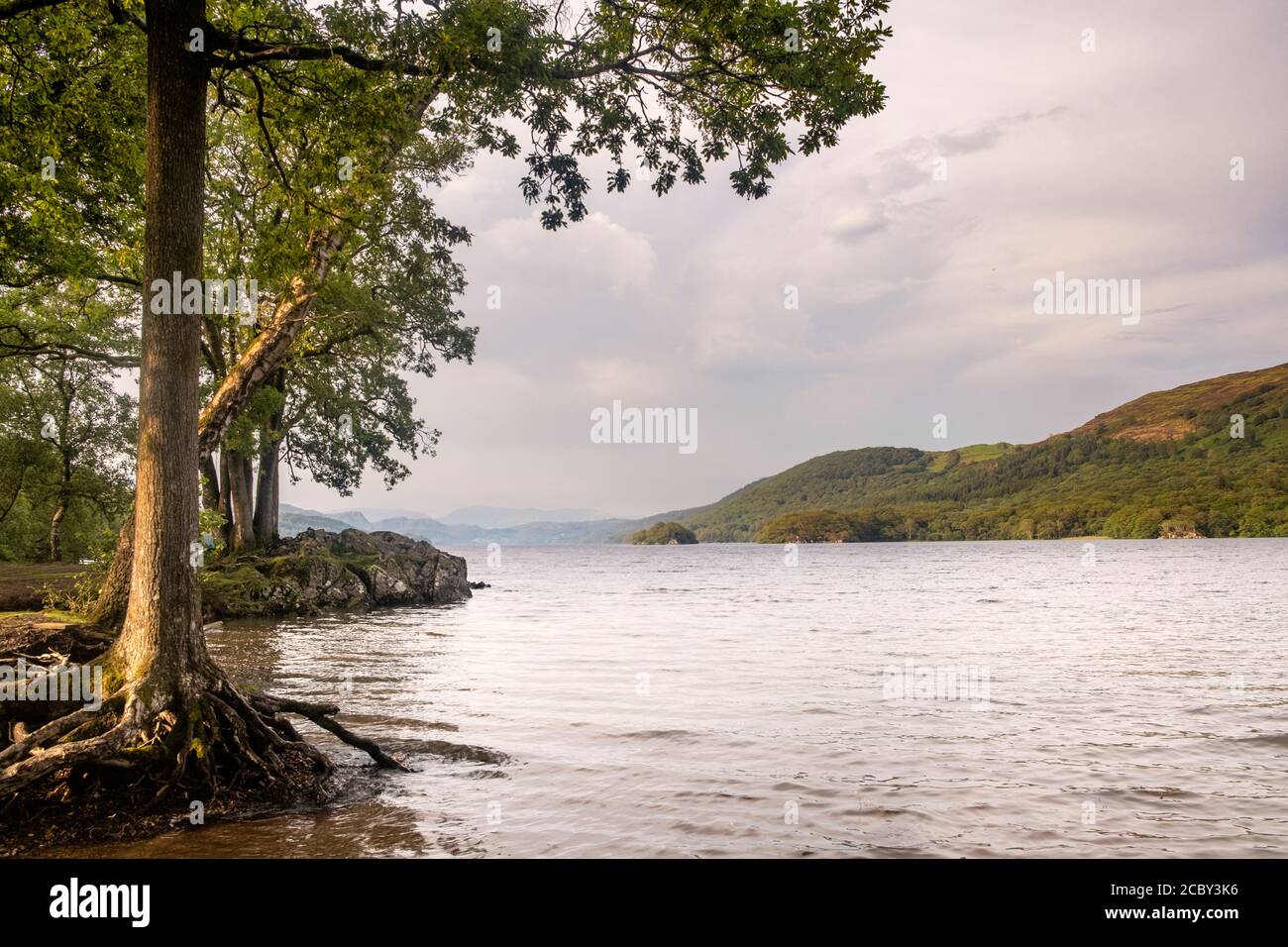 Dopo una giornata calda e umida e un breve versamento, è uscito abbastanza bello sull'acqua di Coniston all'ora del tè. Foto Stock