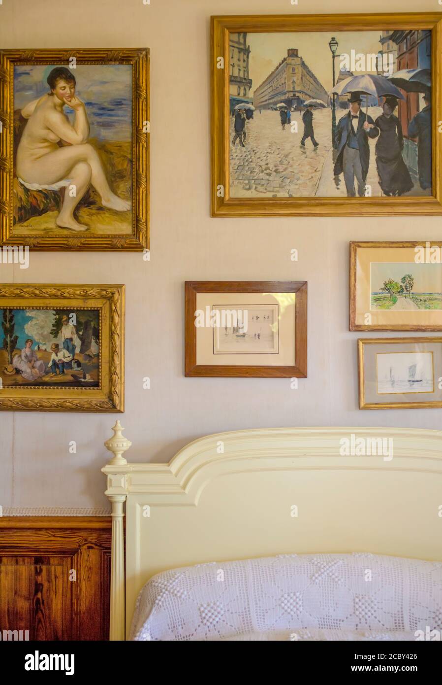 Dipinti nella camera da letto di Monet a Giverny, Normandia, Francia Foto Stock