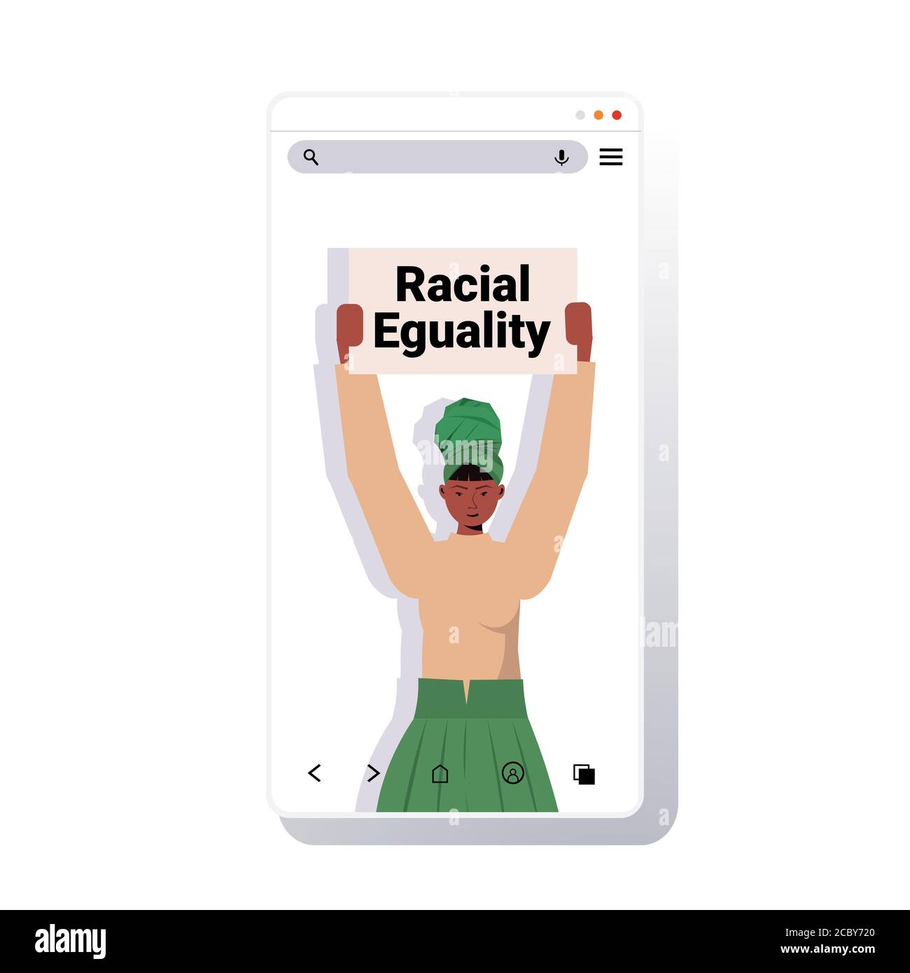 afroamericana attivista donna in possesso di placard razza uguaglianza giustizia sociale stop discrimination concept smartphone schermo copia spazio verticale illustrazione vettoriale Illustrazione Vettoriale