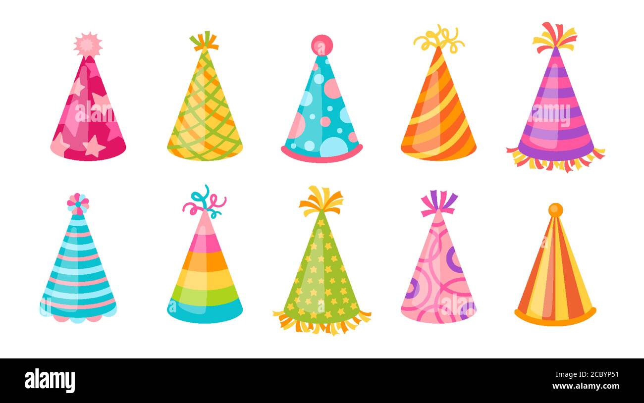 Set piatto cappello per feste di compleanno. Cartoon caps diversi motivi, colori. Collezione tradizionale di cappelli di carta a cono colorato. Divertente anniversario, festa carnevale. Illustrazione vettoriale isolata Illustrazione Vettoriale