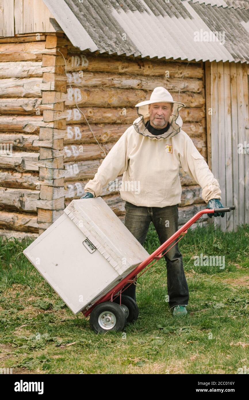 Aromashevsky Russia maggio 24 2018 l'apicoltore porta su cart una nuova casa per le api Foto Stock