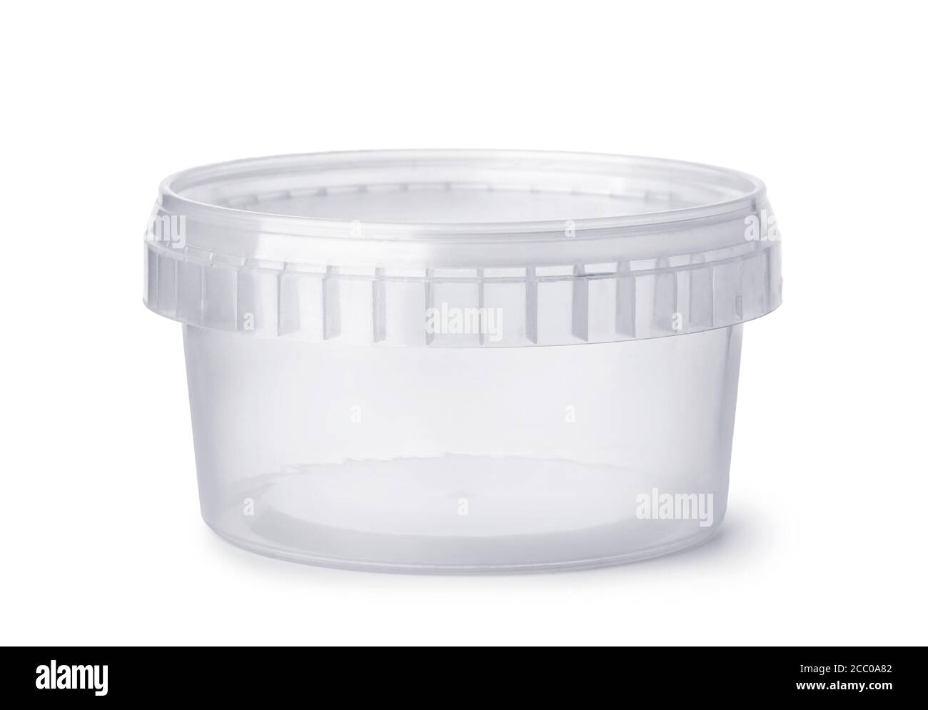 Contenitore vuoto rotondo in plastica isolato su bianco Foto Stock