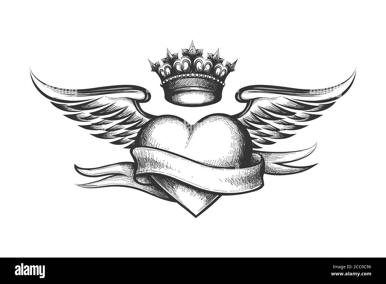 Cuore con King Crown e Tattoo delle ali in stile Engraving. Illustrazione vettoriale. Illustrazione Vettoriale