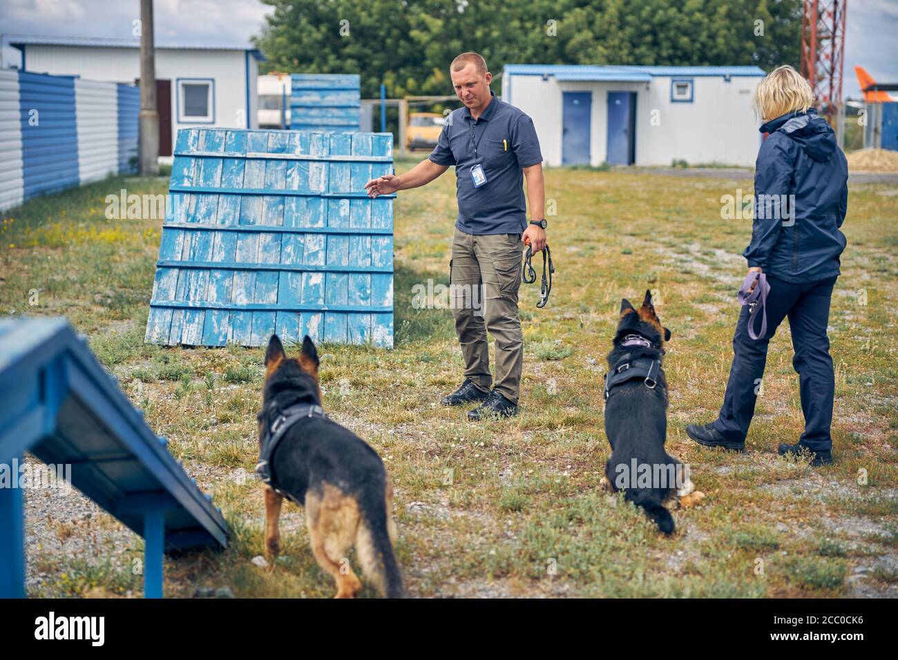 Addestratori professionisti del cane addestrano i cani di sicurezza all'aperto Foto Stock