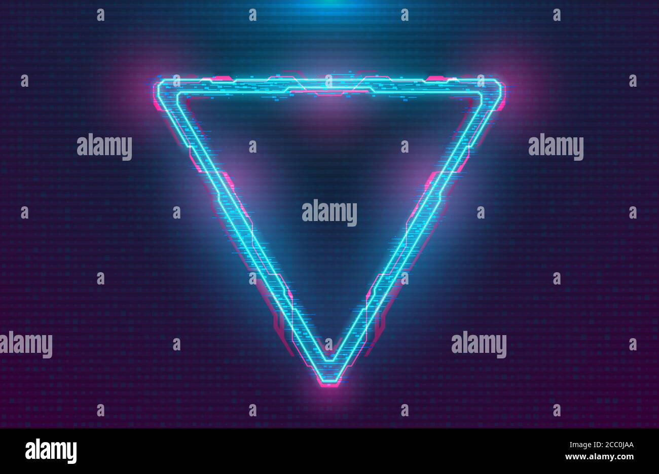 Futuristico illuminato hologram cyberpunk Triangle.Modern Triangle con blu hud neon effetto e circuito stampato rosa su sfondo digitale Illustrazione Vettoriale
