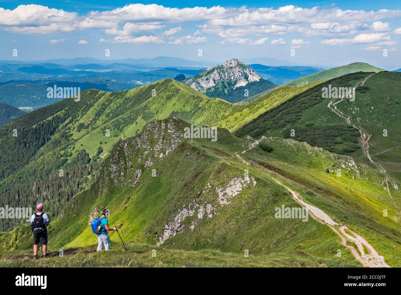 Velky Rozsutec montagna in lontananza, Stoh massiccio sulla destra, escursionisti, vista NE dalla cima di Chleb, Mala Fatra Parco Nazionale, Zilina Regione, Slovacchia Foto Stock