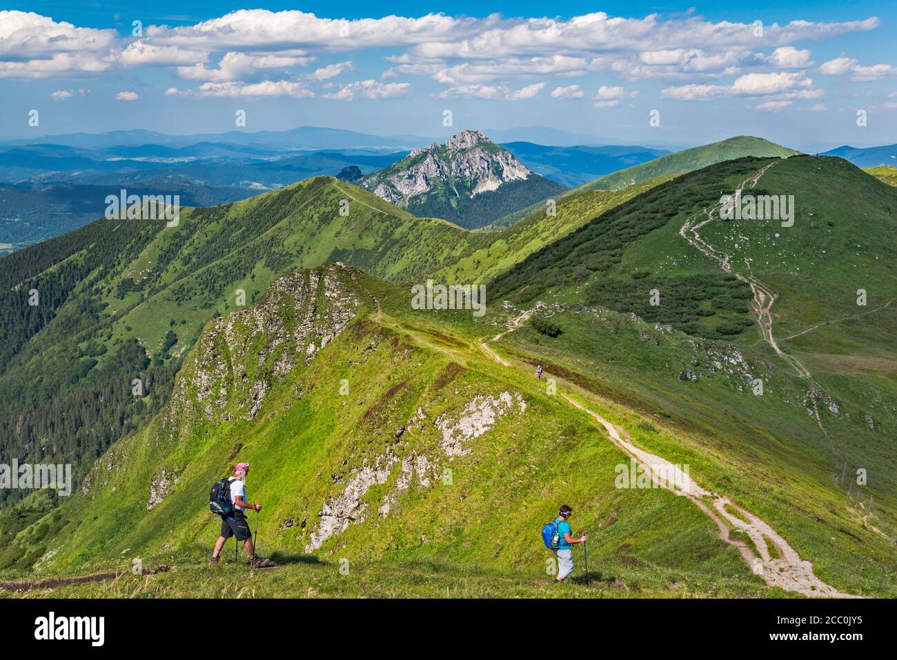 Velky Rozsutec montagna in lontananza, Stoh massiccio sulla destra, escursionisti, vista NE dalla cima di Chleb, Mala Fatra Parco Nazionale, Zilina Regione, Slovacchia Foto Stock