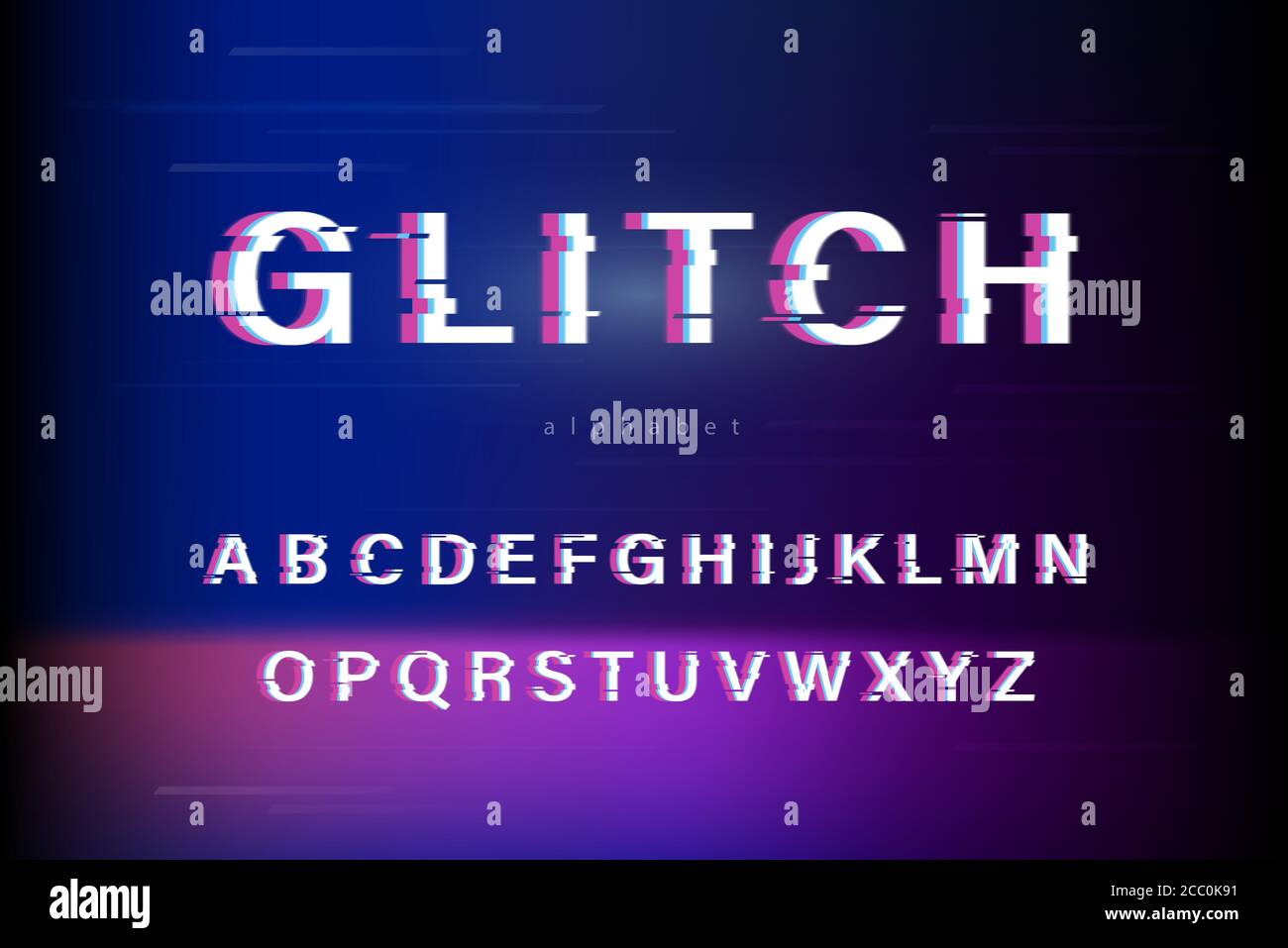 Glitch stile maiuscola caratteri alfabetici più tardi impostato su brillante astratto sfondo blu scuro e viola Illustrazione Vettoriale