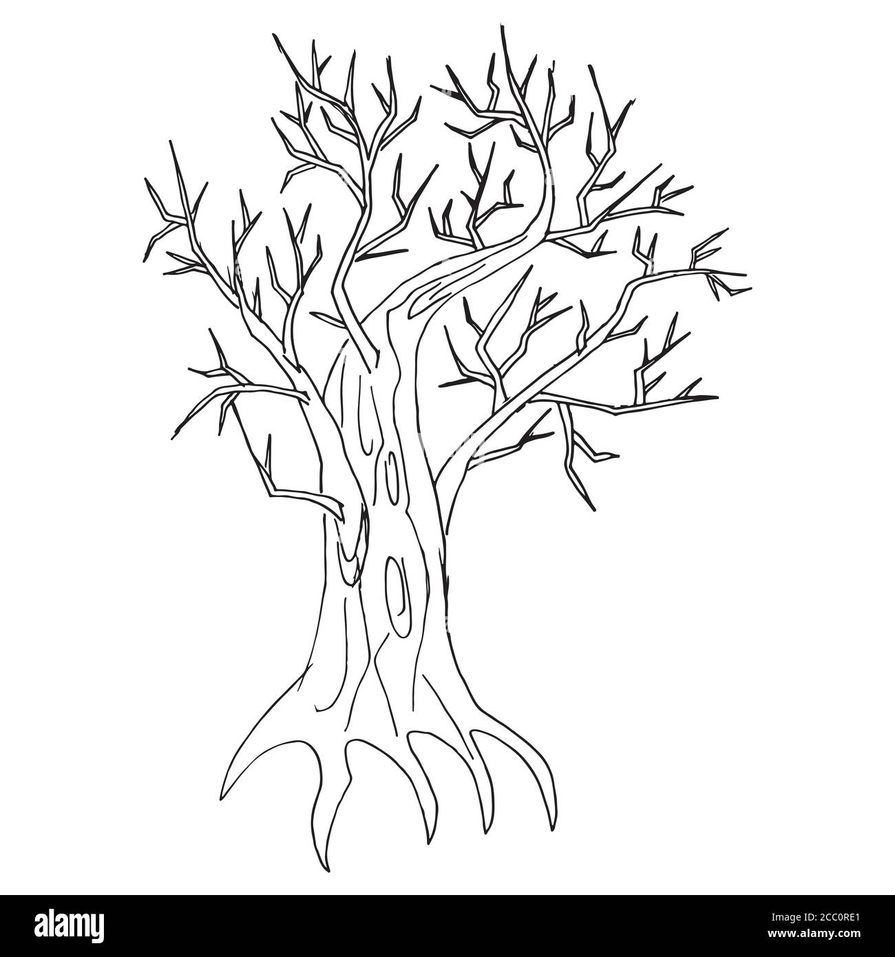 Il vecchio albero storato, Halloween. Legno secco, tinta. Deciduo schizzo di inchiostro vintage di oaktree. Immagine lineare a mano libera in grafica retrò doodle Illustrazione Vettoriale