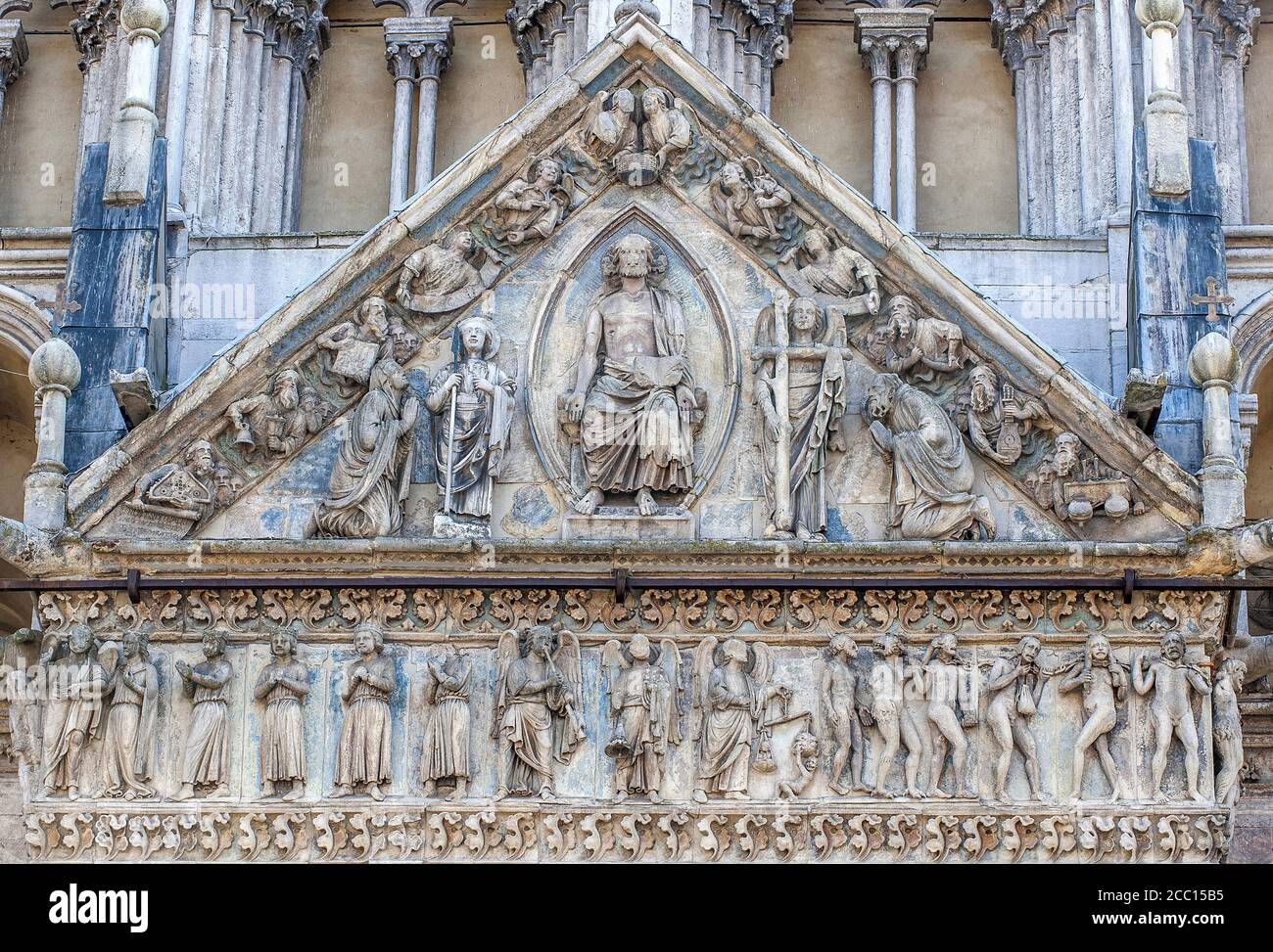 Italia, Emilia-Romagna, Ferrare, facciata della cattedrale di San Giorgio, il Giudizio universale sulla facciata Foto Stock