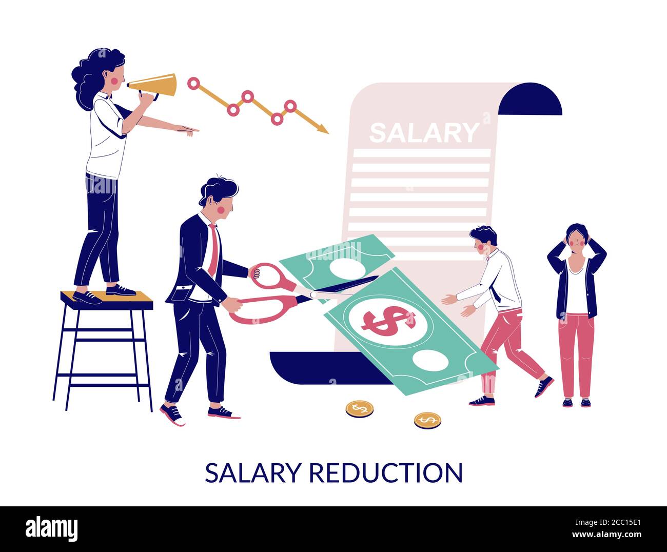 Riduzione dello stipendio, disegno vettoriale in stile piatto Illustrazione Vettoriale