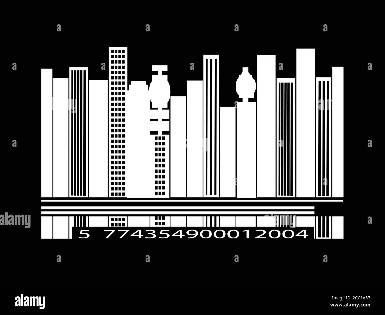 Sfondo nero astratto con paesaggio urbano bianco che forma UN codice a barre E numeri casuali Illustrazione Vettoriale