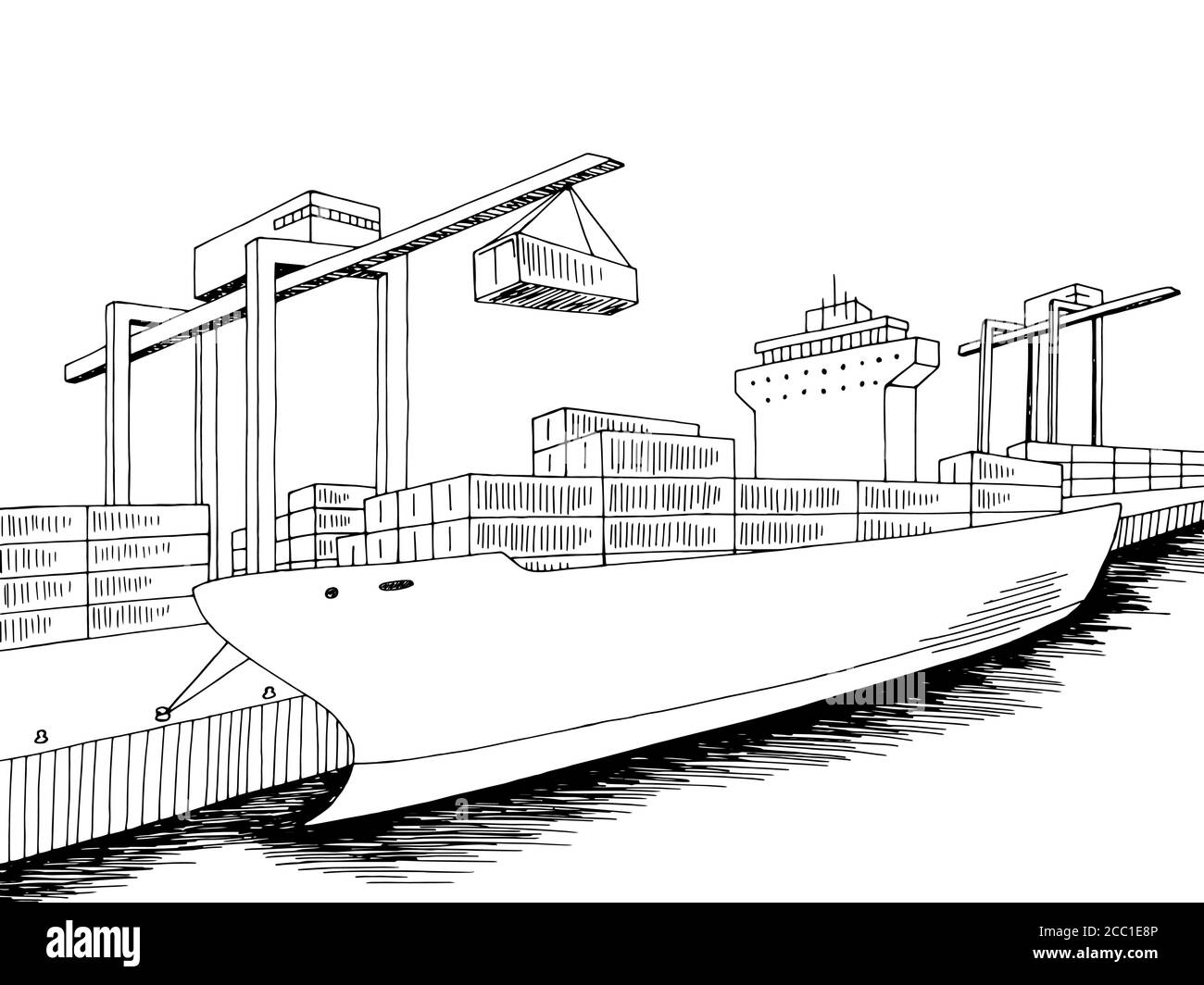 Porto caricamento nave secca cargo grafico nero bianco mare paesaggio disegno vettore Illustrazione Vettoriale