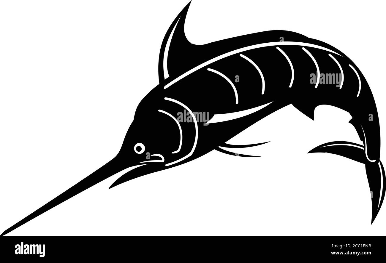 Illustrazione in stile retrò di un marlin blu Atlantico, una specie di marlin endemico dell'Oceano Atlantico, saltando verso l'alto fatto in bianco e nero Illustrazione Vettoriale