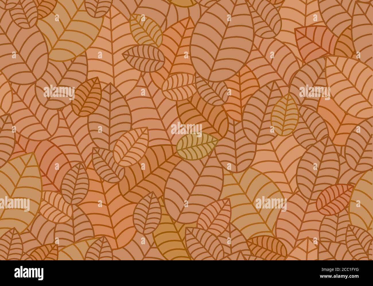 Ripetizione lineare senza giunture delle lamelle. Ornamento orizzontale foglia marrone pianta. Per etichette, confezioni o tessuti. Foglie sparse caoticamente. Illustrazione Vettoriale