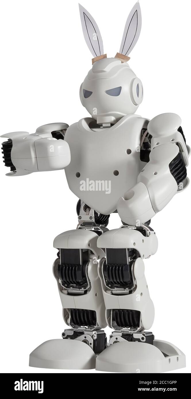 Robot con orecchie di coniglio pasquale su sfondo bianco tagliato Foto Stock