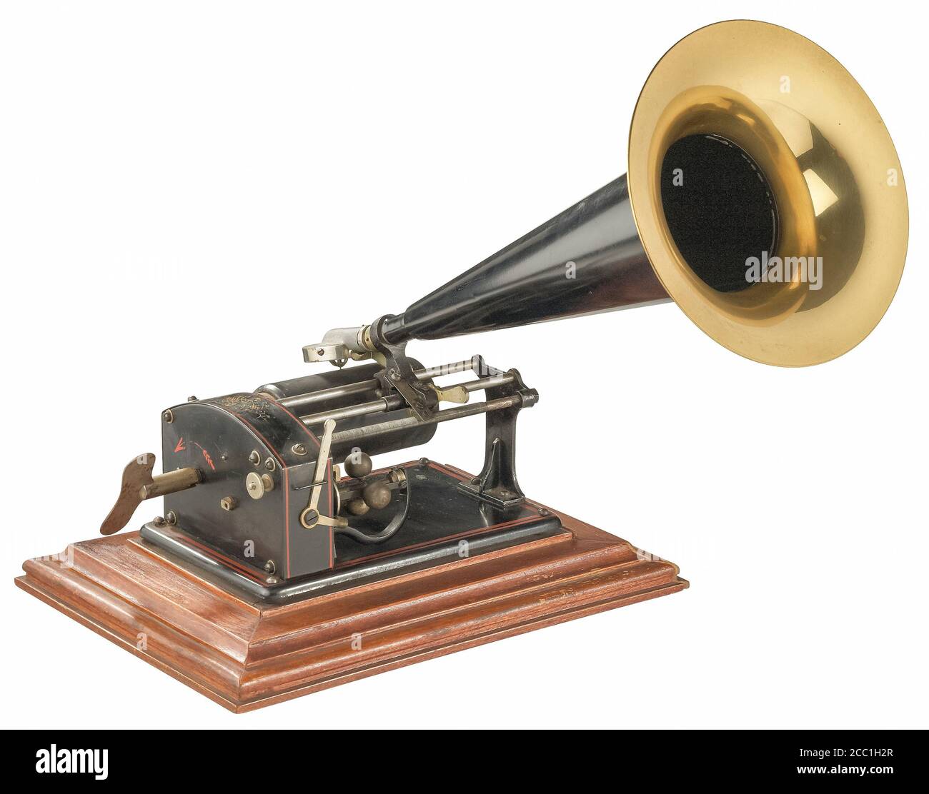 Raro fonografo a cilindro storico Excelsior su sfondo bianco Foto Stock