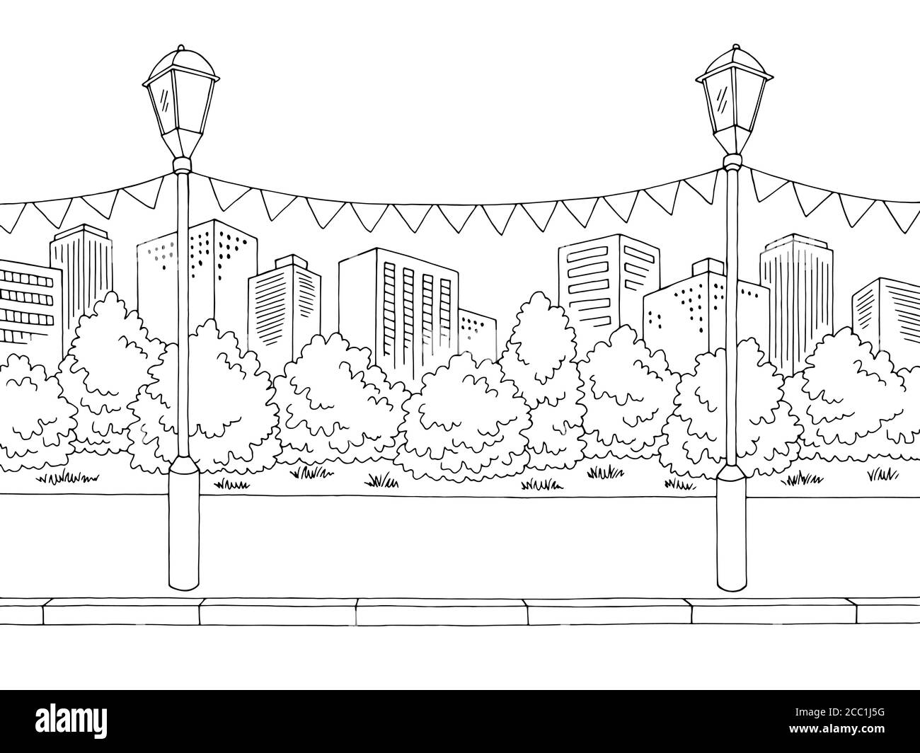 Vacanza in città strada grafica paesaggio bianco nero vettore di illustrazione dello schizzo Illustrazione Vettoriale