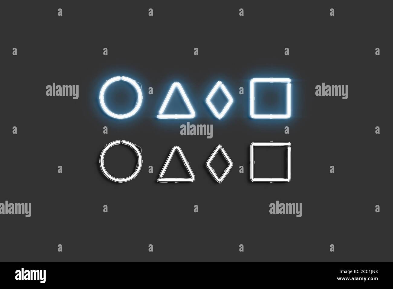 Mockup decorativo con simbolo di cerchio piccolo, rombo, triangolo e neon quadrato Foto Stock