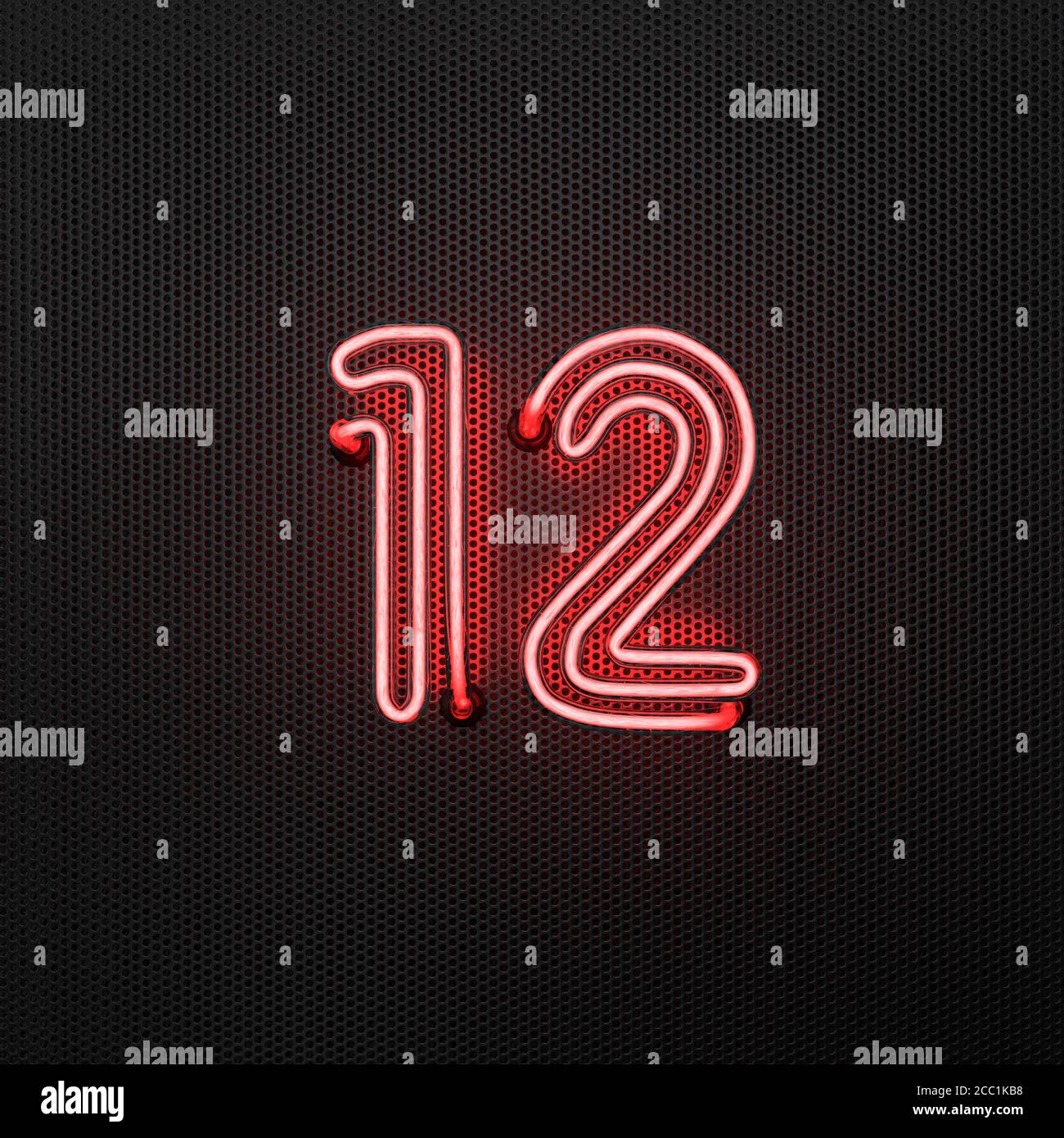 Il neon rosso incandescente numero 12 (numero dodici) su uno sfondo di metallo forato. Illustrazione 3D Foto Stock