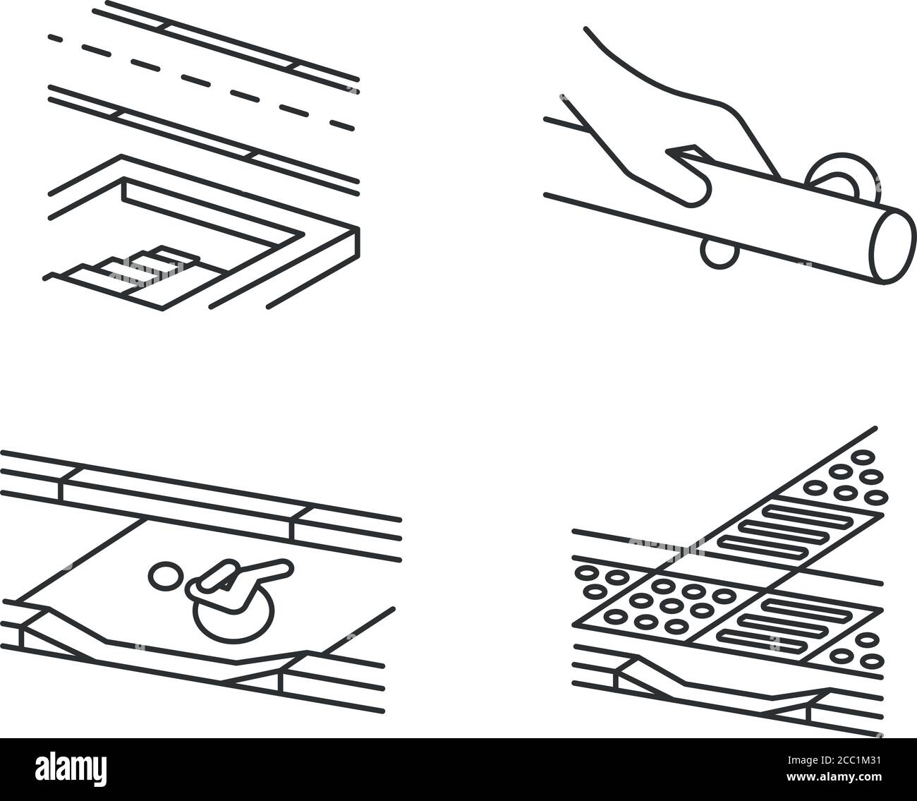 Set di icone lineari per strutture pedonali per disabili Illustrazione Vettoriale