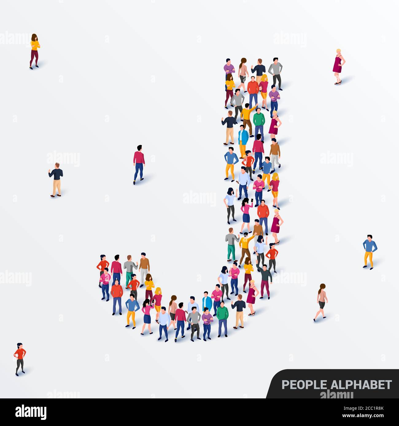 Grande gruppo di persone in forma di lettera J. Alfabeto umano. Sfondo vettoriale senza giunture Illustrazione Vettoriale