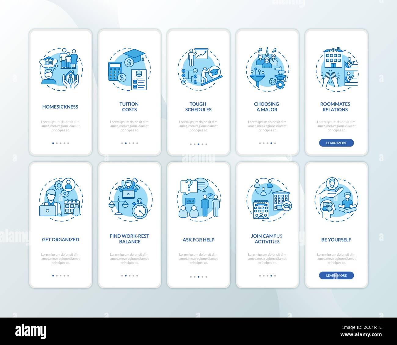 Schermata della pagina dell'app mobile di onboarding per le scuole superiori con set di concetti Illustrazione Vettoriale