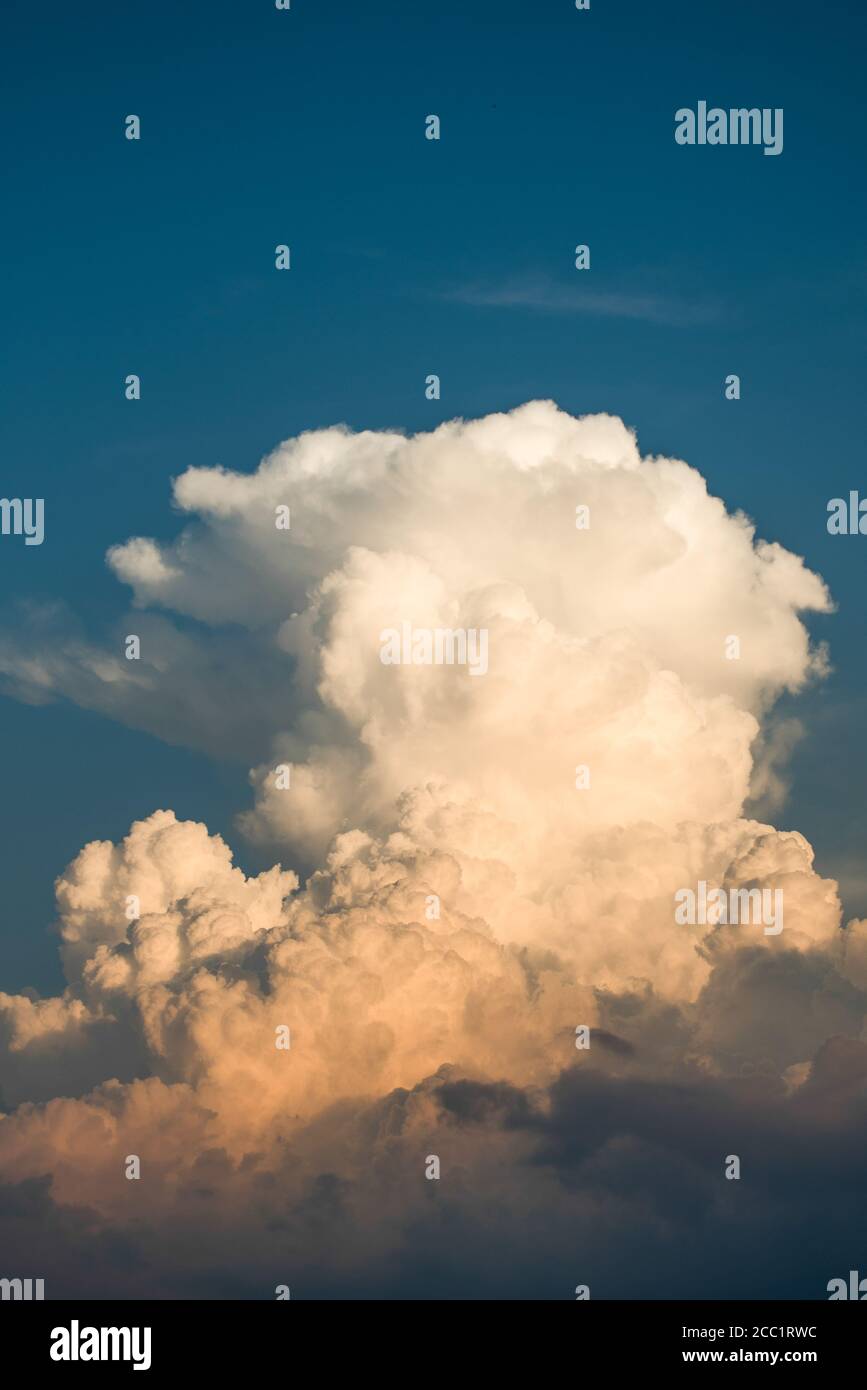 Una grande torre nuvolosa bianca, soffiata, presa con il sole ad un angolo. Uno sfondo blu luminoso con bordi ben definiti sulla nuvola. Foto Stock