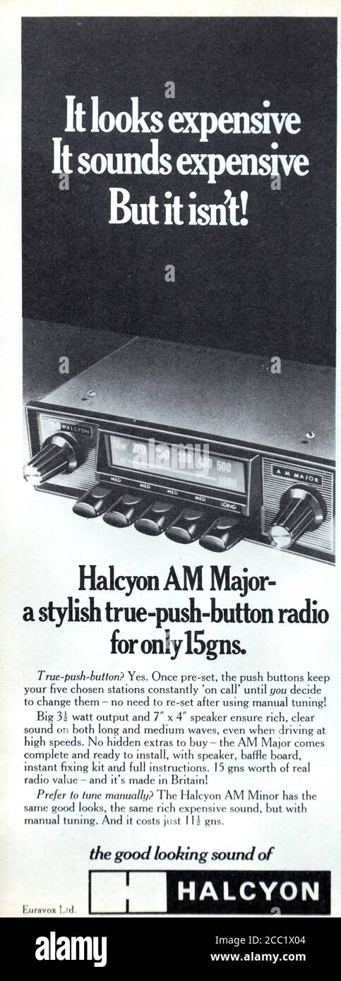 Pubblicità Vintage 1969 per autoradio Halcyon Britanniche. Foto Stock